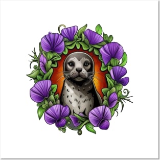 A Harbor Seal Surrounded By A Wreath Of Violet Viola Tattoo Art Posters and Art